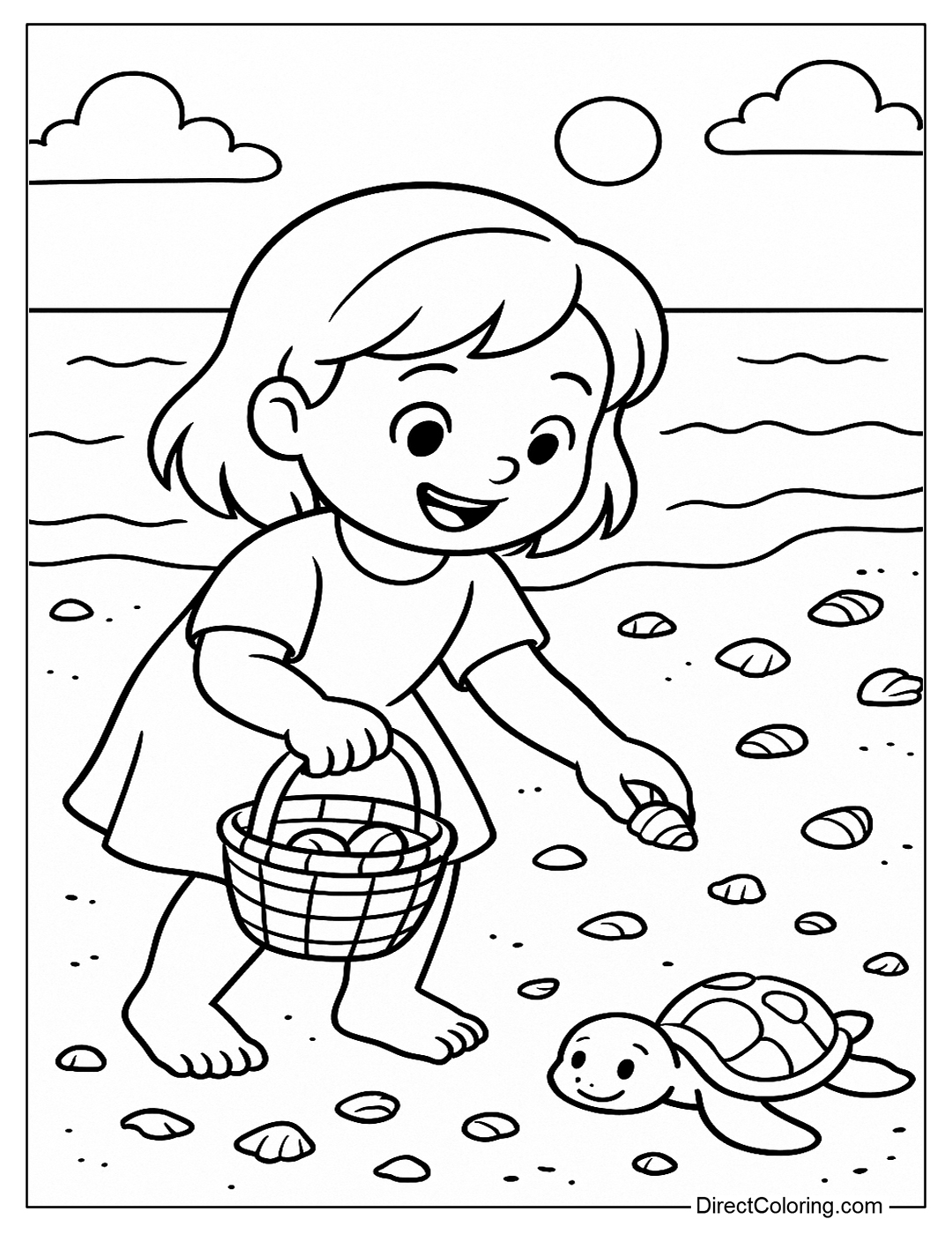 a little girl coloring page holding a small basket picking up shells near the beach